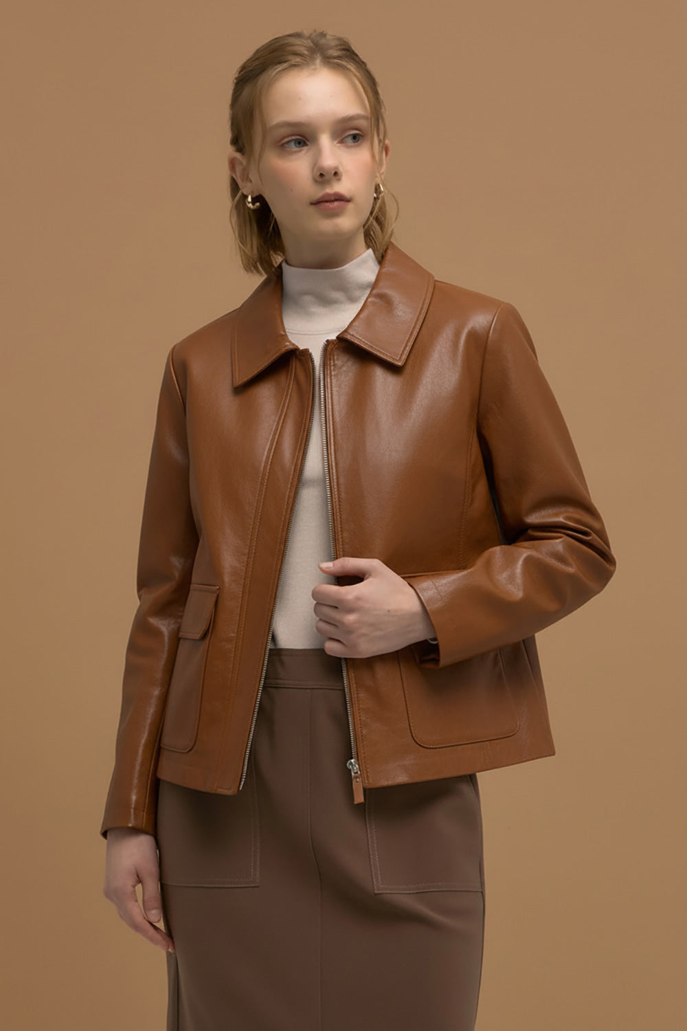 LESHOP BLANC Women's Collared Patch-Detail Faux-Leather Zip Jacket L1G32LJK030 — 1938-gallery-00
