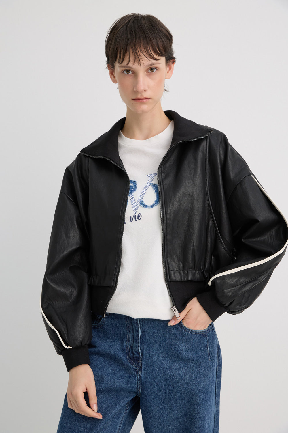 Bonispax Women's Contrast-Piping Faux-Leather Bomber Jacket B1G35LJK550 — 2299-gallery-00