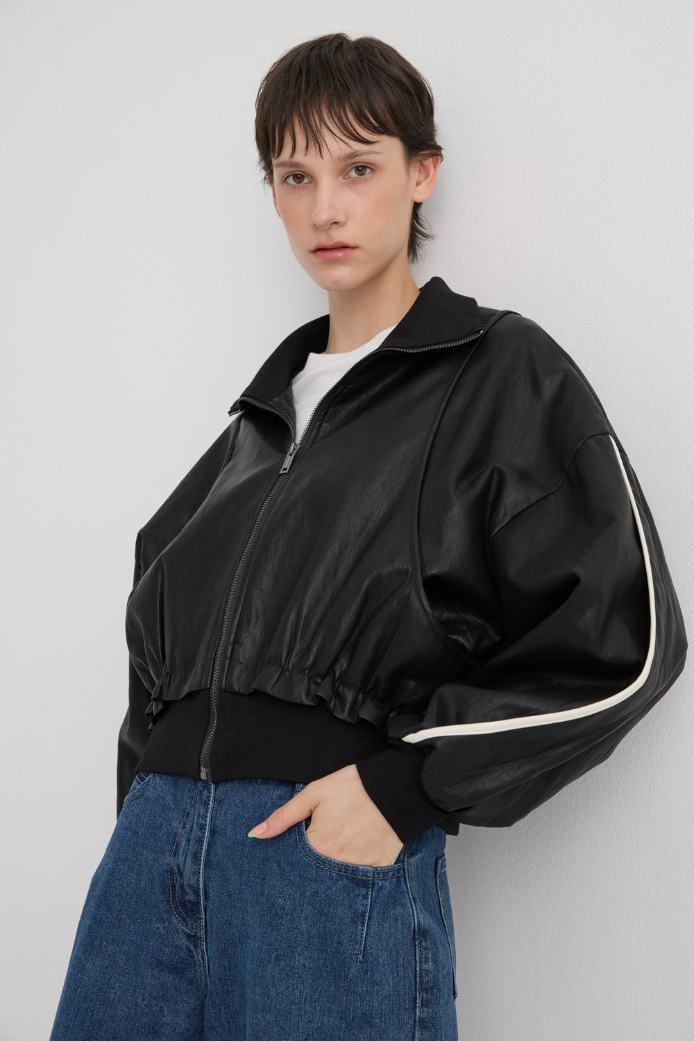 Bonispax Women's Contrast-Piping Faux-Leather Bomber Jacket B1G35LJK550 — 2299-gallery-02