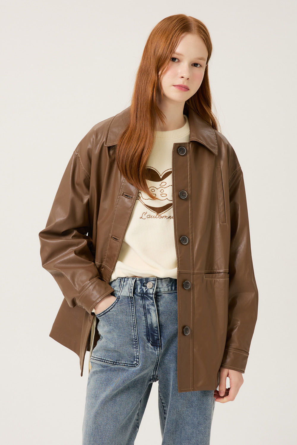 Reete Women's Contrast-Stitch Faux-Leather Collared Jacket U1F32LJK020 — original supplier image 389-gallery-01