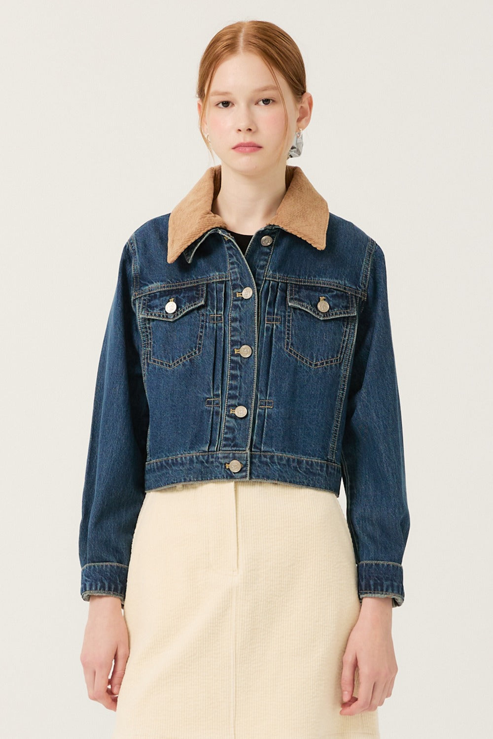 Reete Women's Corduroy-Collar Cropped Denim Jacket U1F32DJK010 — 392-gallery-00