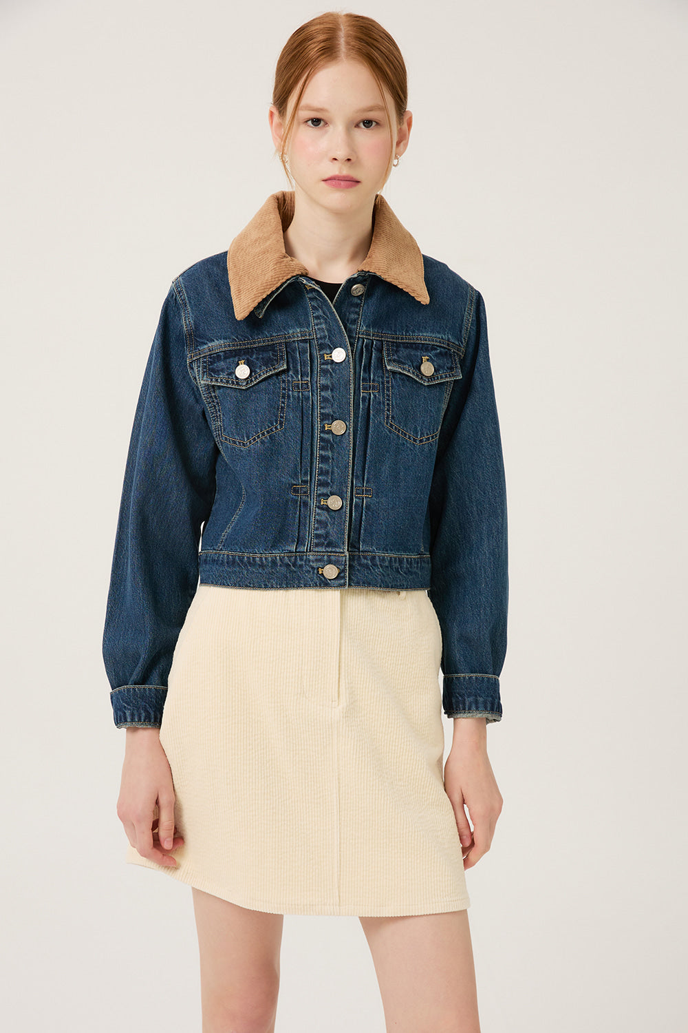Reete Women's Corduroy-Collar Cropped Denim Jacket U1F32DJK010 — 392-gallery-01
