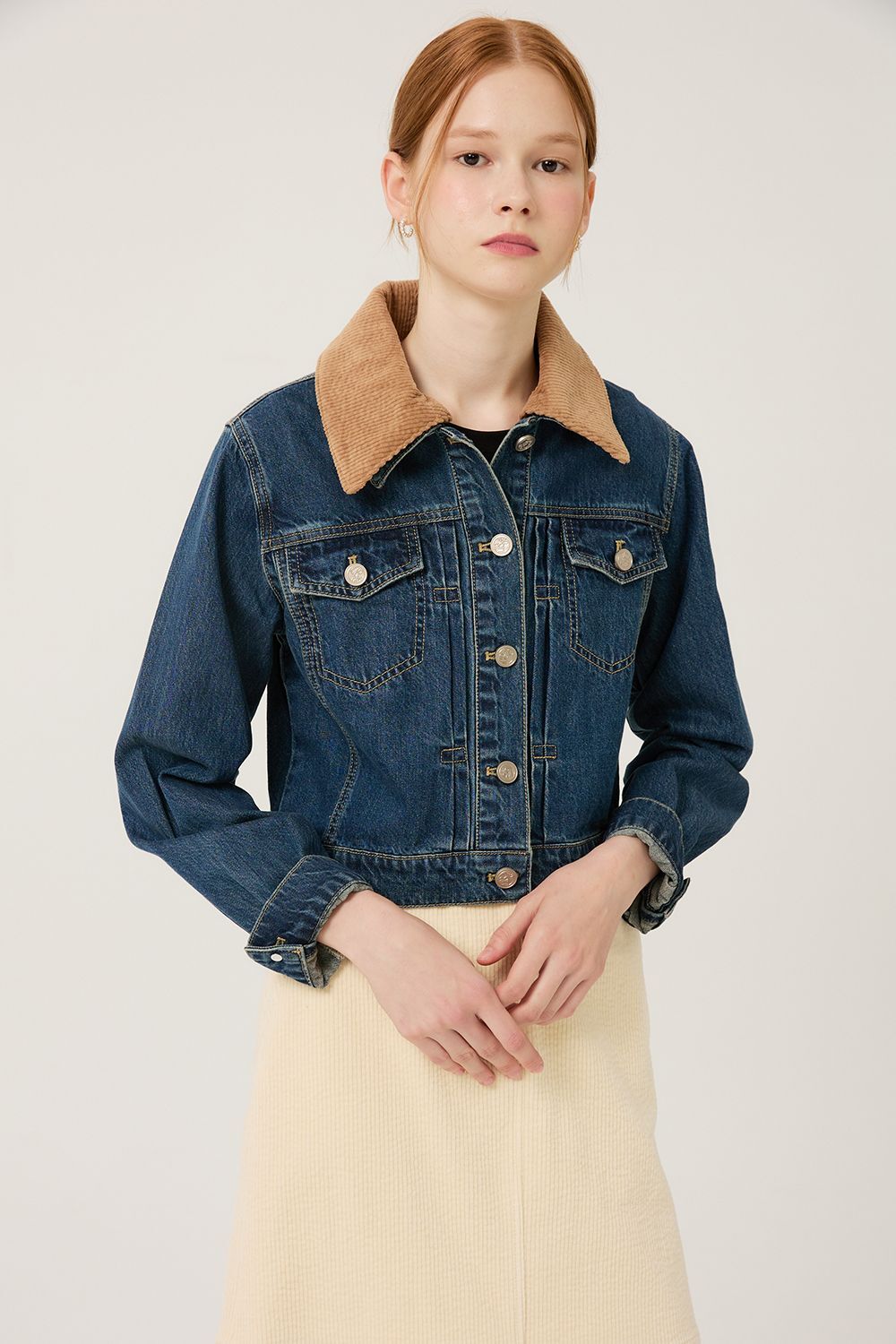 Reete Women's Corduroy-Collar Cropped Denim Jacket U1F32DJK010 — 392-gallery-02