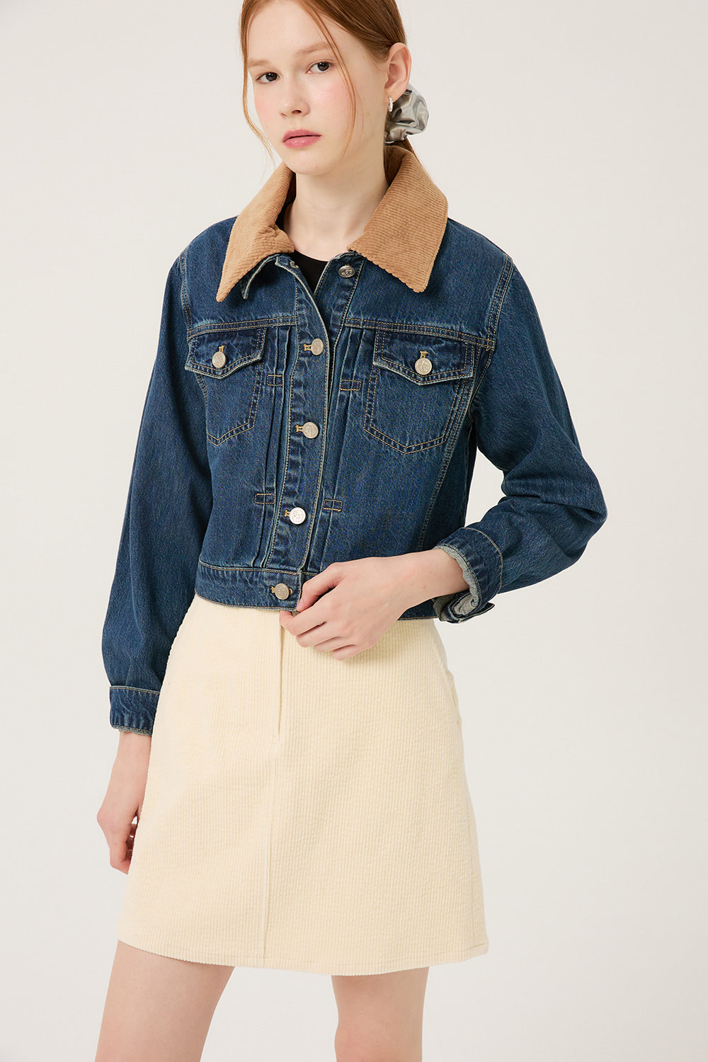 Reete Women's Corduroy-Collar Cropped Denim Jacket U1F32DJK010 — 392-gallery-04