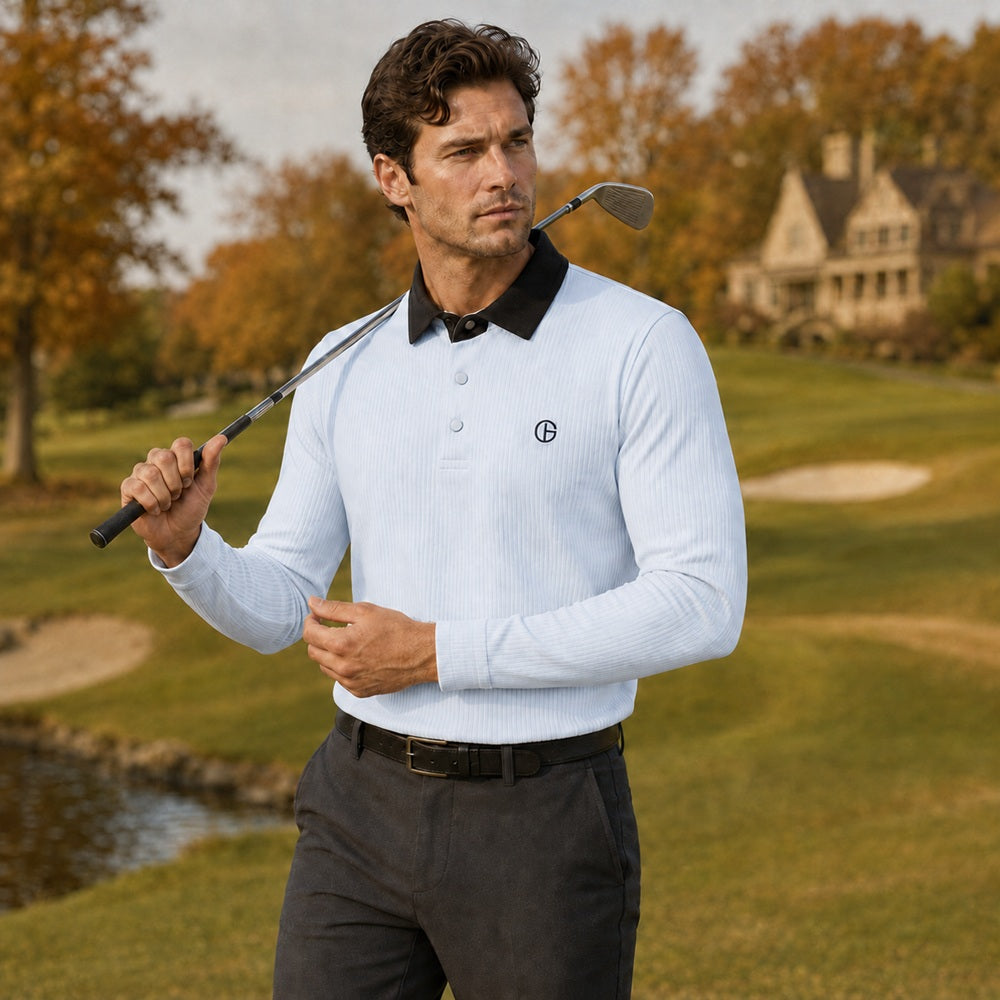 DENNIS Golf Men’s Contrast-Collar Ribbed Stretch Long-Sleeve Polo NARFMTS012 — original supplier image 435178823-gallery-01