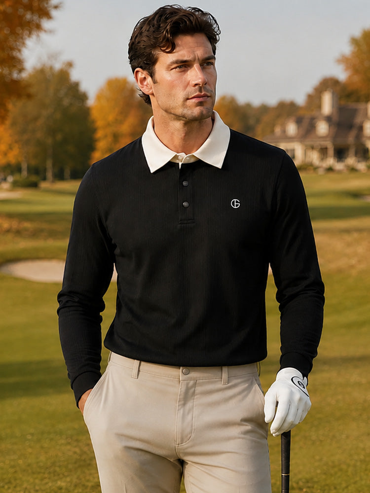DENNIS Golf Men’s Contrast-Collar Ribbed Stretch Long-Sleeve Polo NARFMTS012 — original supplier image 435178823-hero-00