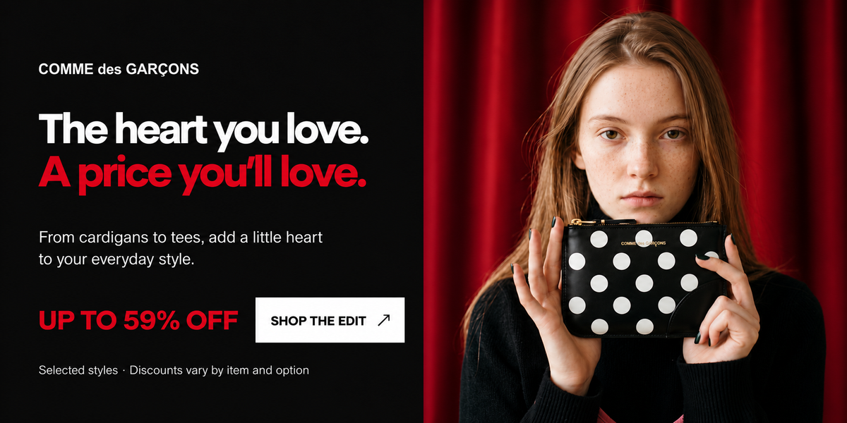 COMME des GARÇONS. The heart you love. A price you’ll love. Selected styles up to 59% off. Shop the edit. Model holding a black polka dot wallet against red curtains.